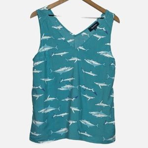ModCloth Double the Fun teal blue novelty shark print V neck tank top L summmer